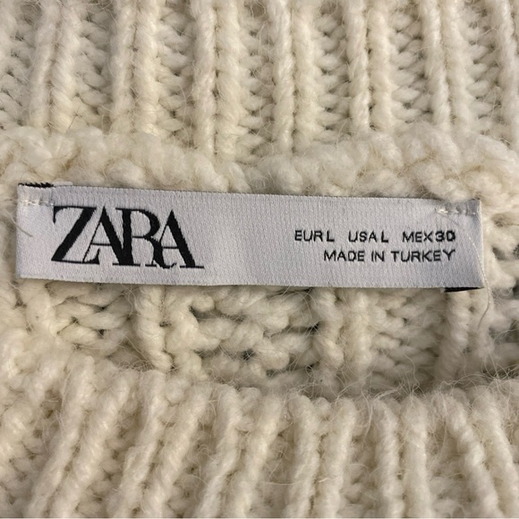Zara Chunky White Cable Knit Pullover Sweater Women’s Large Cream Crew Neck - Picture 6 of 7